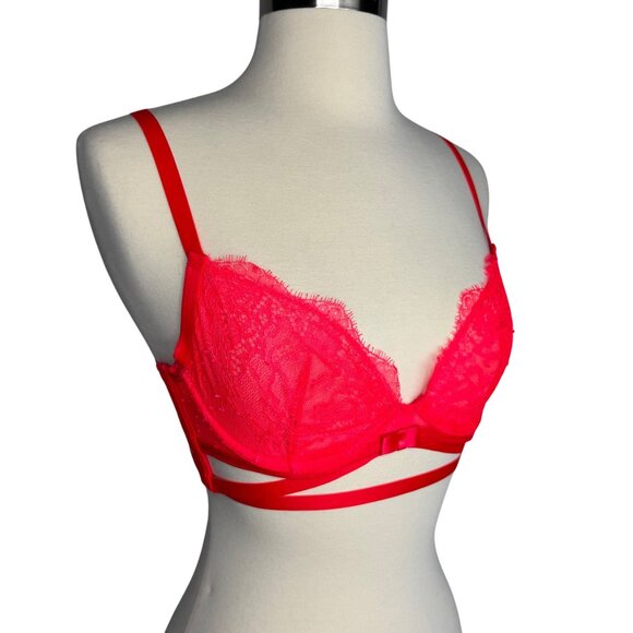 Vintage Y2K Victorias Secret Very Sexy Unlined Demi Red Lace Strappy Bra 34B - Picture 8 of 8